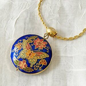 Vintage Cloisonné Enamel Butterfly & Flower 24" Pendant Necklace